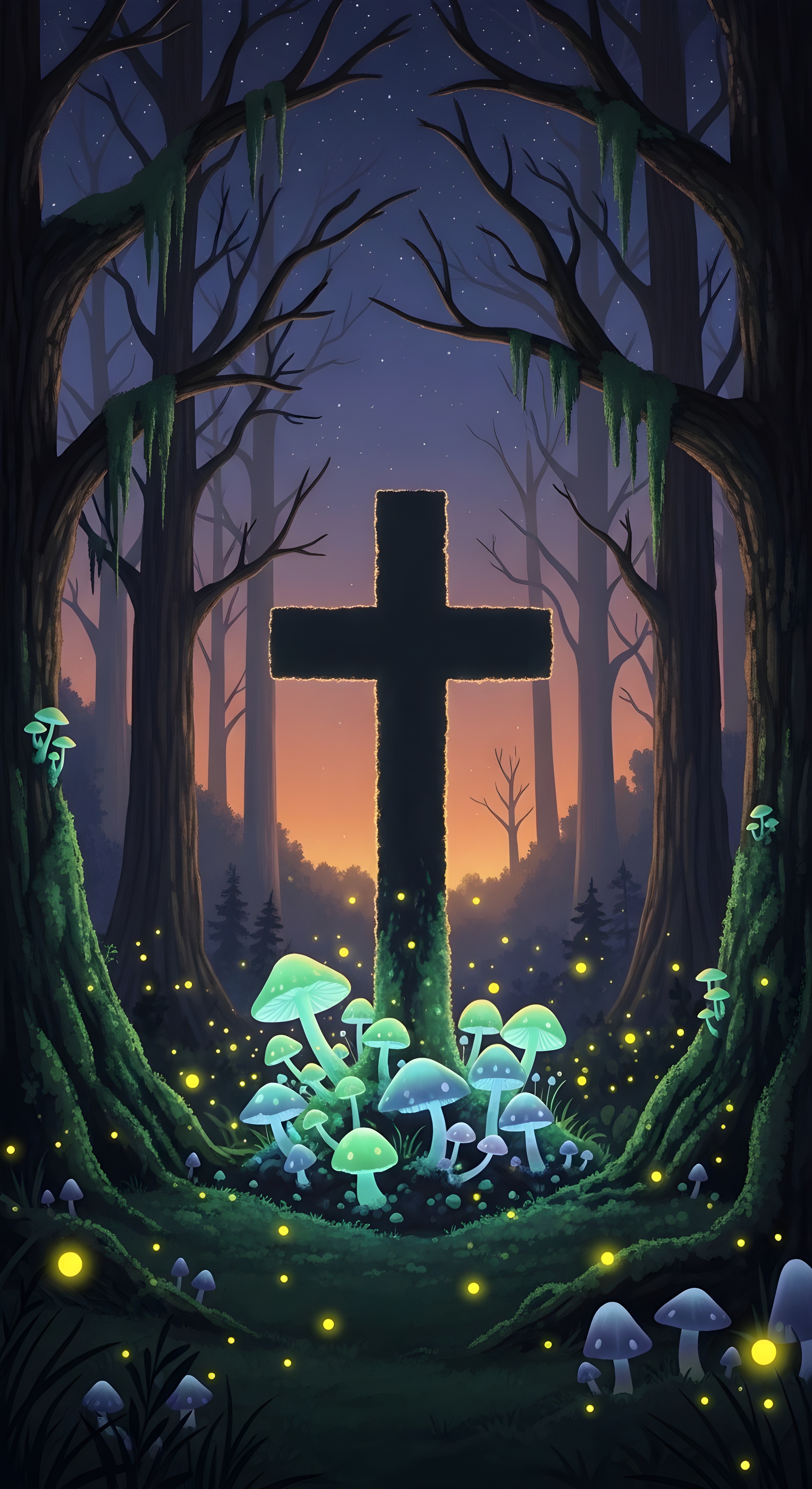 Aesthetic Mystical Cross in Glowing Forest Wallpaper HD 4K for Mobile