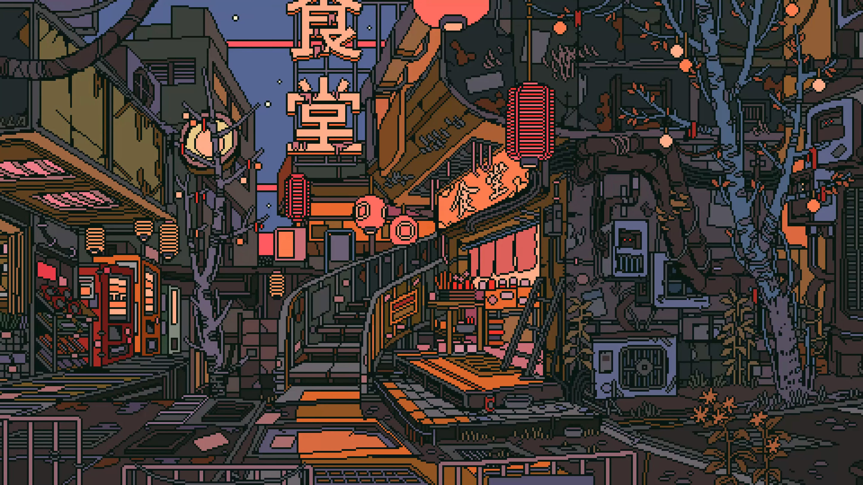 Aesthetic Cyberpunk Pixel Art Japanese Alley City Wallpaper HD 4K